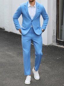 Manfinity Mode Men's Solid Color Casual Business Suit Set, Featuring Pocket Design And Waistband Design, Suitable For Daily Commute, Relaxed Work Environment Or Semi-Formal Occasions, Also An Ideal Gift For Boyfriend And Husband - Blue - View 5