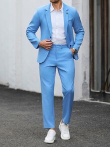 Manfinity Mode Men's Solid Color Casual Business Suit Set, Featuring Pocket Design And Waistband Design, Suitable For Daily Commute, Relaxed Work Environment Or Semi-Formal Occasions, Also An Ideal Gift For Boyfriend And Husband - Blue - View 4