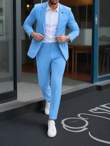 Manfinity Mode Men's Solid Color Casual Business Suit Set, Featuring Pocket Design And Waistband Design, Suitable For Daily Commute, Relaxed Work Environment Or Semi-Formal Occasions, Also An Ideal Gift For Boyfriend And Husband - Blue - View 3