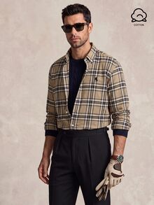 Lornavo Men's Cotton Knight Pattern Plaid Long Sleeve Single-Breasted Casual Safari Shirt Office Work Khaki Autumn - Khaki - View 7