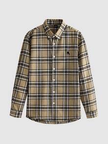 Lornavo Men's Cotton Knight Pattern Plaid Long Sleeve Single-Breasted Casual Safari Shirt Office Work Khaki Autumn - Khaki - View 3