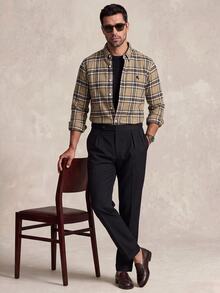 Lornavo Men's Cotton Knight Pattern Plaid Long Sleeve Single-Breasted Casual Safari Shirt Office Work Khaki Autumn - Khaki - View 2