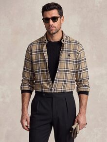 Lornavo Men's Cotton Knight Pattern Plaid Long Sleeve Single-Breasted Casual Safari Shirt Office Work Khaki Autumn - Khaki - View 1