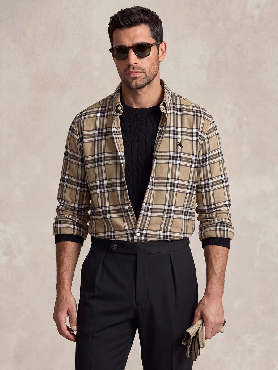 Lornavo Men's Cotton Knight Pattern Plaid Long Sleeve Single-Breasted Casual Safari Shirt Office Work Khaki Autumn - Khaki - View 1