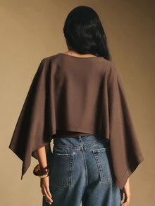 Poéselle 女款深棕色圓領披肩針織毛衣，優雅蝙蝠袖上衣，秋季咖啡棕休閒上衣，適合新年、日常穿著、早午餐、通勤 - 棕色 - 查看 3