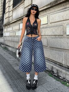 Jeanoix Y2K街頭風女款休閒紋理寬腿九分牛仔褲 夜店穿搭 淺藍色 夏季 - 中等水洗藍 - 查看 3