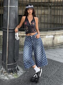 Jeanoix Y2K街頭風女款休閒紋理寬腿九分牛仔褲 夜店穿搭 淺藍色 夏季 - 中等水洗藍 - 查看 6