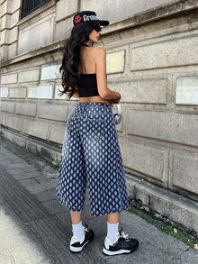 Jeanoix Y2K街頭風女款休閒紋理寬腿九分牛仔褲 夜店穿搭 淺藍色 夏季 - 中等水洗藍 - 查看 2