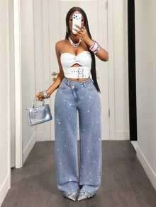 SHEIN VaVaLuxe Festival Denim Women's Light Blue Non-Stretch Rhinestone Embellished Sexy Streetwear Y2k Straight Leg Jeans Club Going Out Summer - Light Wash - View 6