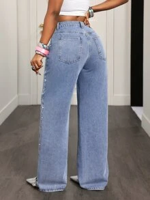 SHEIN VaVaLuxe Festival Denim Women's Light Blue Non-Stretch Rhinestone Embellished Sexy Streetwear Y2k Straight Leg Jeans Club Going Out Summer - Light Wash - View 2