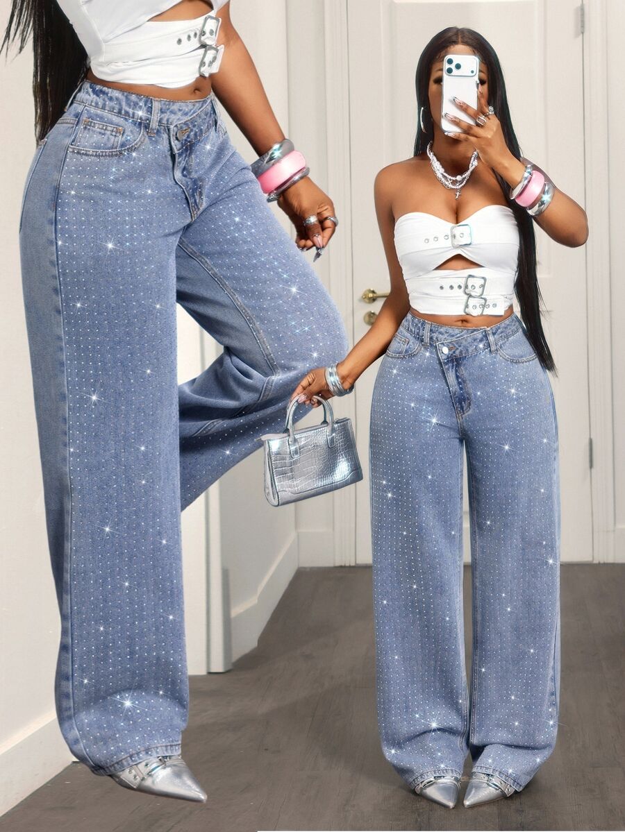 SHEIN VaVaLuxe Festival Denim Women's Light Blue Non-Stretch Rhinestone Embellished Sexy Streetwear Y2k Straight Leg Jeans Club Going Out Summer - Light Wash - View 1