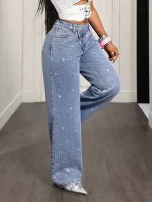 SHEIN VaVaLuxe Festival Denim Women's Light Blue Non-Stretch Rhinestone Embellished Sexy Streetwear Y2k Straight Leg Jeans Club Going Out Summer - Light Wash - View 4