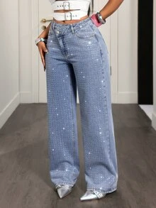 SHEIN VaVaLuxe Festival Denim Women's Light Blue Non-Stretch Rhinestone Embellished Sexy Streetwear Y2k Straight Leg Jeans Club Going Out Summer - Light Wash - View 5