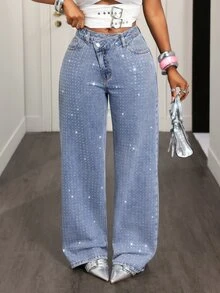 SHEIN VaVaLuxe Festival Denim Women's Light Blue Non-Stretch Rhinestone Embellished Sexy Streetwear Y2k Straight Leg Jeans Club Going Out Summer - Light Wash - View 3