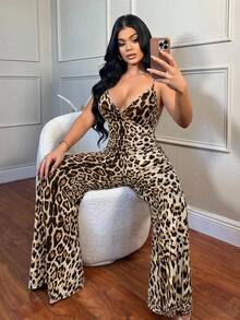 SHEIN SXY 女式性感豹纹深V领露背连体衣，夏季 - 棕色 - 查看 3