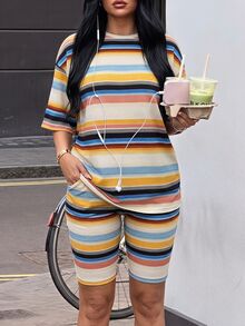 SHEIN SXY 女款圓領米色拼接短袖上衣與短褲休閒街頭風日常套裝，適合旅行夏季 - 彩色 - 查看 1