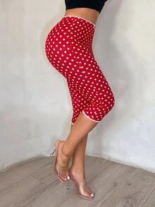 SHEIN SXY 女款紅白色圓點七分褲，夏季可愛圓點印花蕾絲飾邊七分瑜伽褲，Y2K復古休閒居家沙灘居家服 - 紅白色 - 查看 8