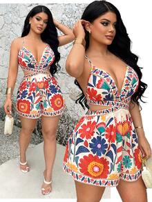 SHEIN SXY Backless Hollow Print Spaghetti Strap Sleeveless Boho Jumpsuit,Summer ,Spring ,Vacation,Beach, Resort , , Ibiza , , , - Multicolor - View 7