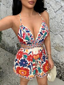 SHEIN SXY Backless Hollow Print Spaghetti Strap Sleeveless Boho Jumpsuit,Summer ,Spring ,Vacation,Beach, Resort , , Ibiza , , , - Multicolor - View 3
