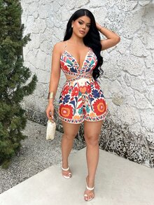 SHEIN SXY Backless Hollow Print Spaghetti Strap Sleeveless Boho Jumpsuit,Summer ,Spring ,Vacation,Beach, Resort , , Ibiza , , , - Multicolor - View 4