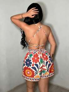 SHEIN SXY Backless Hollow Print Spaghetti Strap Sleeveless Boho Jumpsuit,Summer ,Spring ,Vacation,Beach, Resort , , Ibiza , , , - Multicolor - View 2
