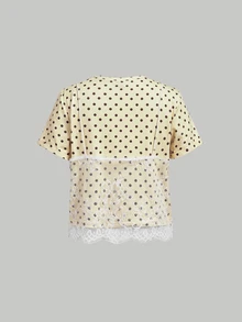 SHEIN MOD 女款白色黑色波點 2 合 1 蕾絲拼接圓領短版 T-Shirt - 黃色 - 查看 2