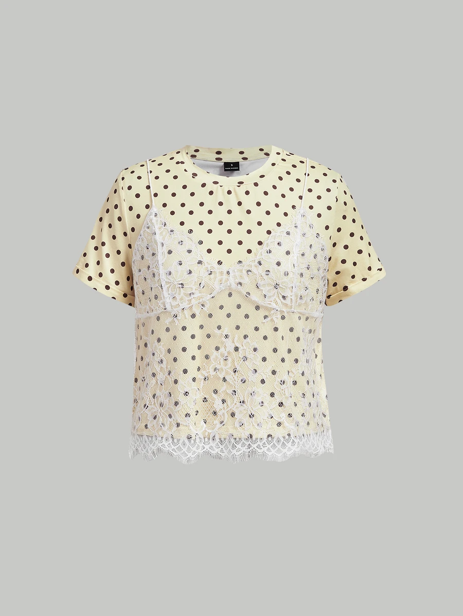SHEIN MOD 女款白色黑色波點 2 合 1 蕾絲拼接圓領短版 T-Shirt - 黃色 - 查看 1