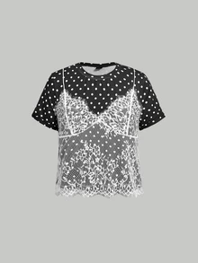 SHEIN MOD 女款黑白波點 2 合 1 蕾絲拼接圓領短版 T-shirt - 黑色 - 查看 1