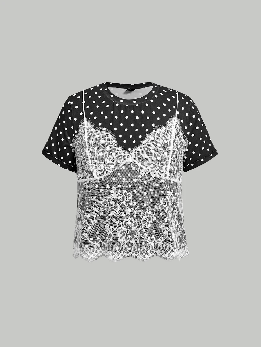 SHEIN MOD 女款黑白波點 2 合 1 蕾絲拼接圓領短版 T-shirt - 黑色 - 查看 1