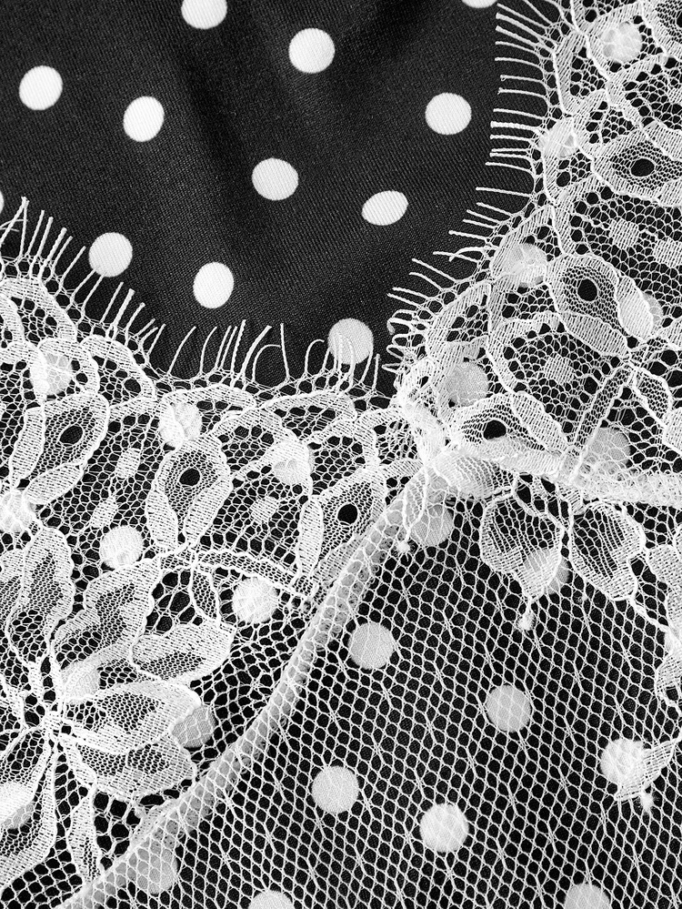 SHEIN MOD Women's White & Black Polka Dot 2 In 1 Lace Patchwork Round Neck Cropped T-Shirt - Black - View 3