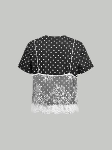 SHEIN MOD 女款黑白波點 2 合 1 蕾絲拼接圓領短版 T-shirt - 黑色 - 查看 2