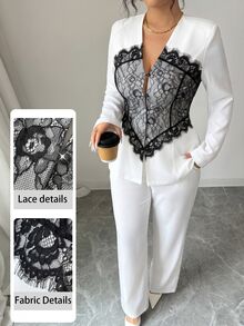 Modelyn 春秋女款蕾絲拼接對比拼接時尚V領優雅時尚套裝 - 彩色 - 查看 4