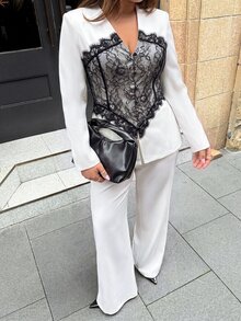 Modelyn 春秋女款蕾絲拼接對比拼接時尚V領優雅時尚套裝 - 彩色 - 查看 7