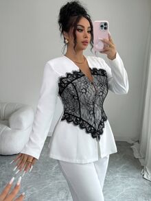 Modelyn 春秋女款蕾絲拼接對比拼接時尚V領優雅時尚套裝 - 彩色 - 查看 5