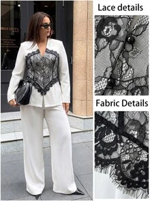 Modelyn 春秋女款蕾絲拼接對比拼接時尚V領優雅時尚套裝 - 彩色 - 查看 8