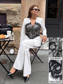 Modelyn 春秋女款蕾絲拼接對比拼接時尚V領優雅時尚套裝 - 彩色 - 查看 9