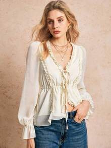 Poéselle Blus Wanita Warna Apricot Chiffon dengan Tali Serut di Pinggang, Detail Ruffle Mengembang, Lengan Panjang, Model Sederhana, Modis, Kasual, dan Sehari-hari - Aprikot - View 4
