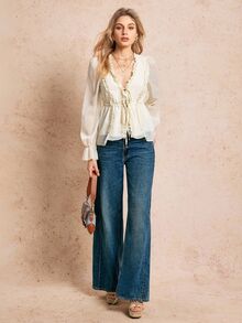 Poéselle Blus Wanita Warna Apricot Chiffon dengan Tali Serut di Pinggang, Detail Ruffle Mengembang, Lengan Panjang, Model Sederhana, Modis, Kasual, dan Sehari-hari - Aprikot - View 7