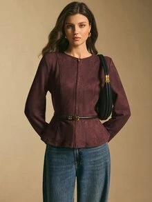 Poéselle 女款酒紅色仿麂皮繫腰荷葉邊夾克，秋季優雅休閒商務辦公工作拉鍊前開外套，收腰短版大衣 - 酒紅色 - 查看 9
