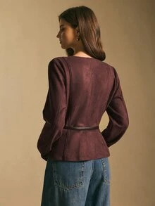 Poéselle 女款酒紅色仿麂皮繫腰荷葉邊夾克，秋季優雅休閒商務辦公工作拉鍊前開外套，收腰短版大衣 - 酒紅色 - 查看 5
