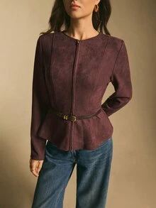 Poéselle 女款酒紅色仿麂皮繫腰荷葉邊夾克，秋季優雅休閒商務辦公工作拉鍊前開外套，收腰短版大衣 - 酒紅色 - 查看 3