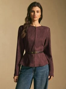 Poéselle 女款酒紅色仿麂皮繫腰荷葉邊夾克，秋季優雅休閒商務辦公工作拉鍊前開外套，收腰短版大衣 - 酒紅色 - 查看 4