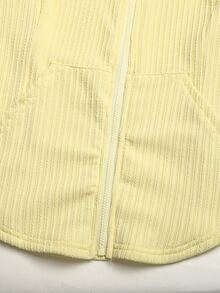 SHEIN 青少年女孩 2 件套 針織條紋休閒運動連帽拉鍊長袖夾克與拼色拼接 Logo 直筒寬腿針織長褲套裝，淡黃色與粉紅色，Y2K 風格 - 黃色 - 查看 5