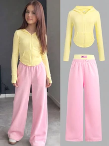SHEIN 青少年女孩 2 件套 針織條紋休閒運動連帽拉鍊長袖夾克與拼色拼接 Logo 直筒寬腿針織長褲套裝，淡黃色與粉紅色，Y2K 風格 - 黃色 - 查看 10