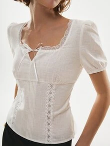 Poéselle 女款優雅鄉村風浪漫哥德波希米亞復古白色蕾絲飾邊棉質襯衫，休閒情人節度假春/夏方領早午餐上衣 - 白色 - 查看 6