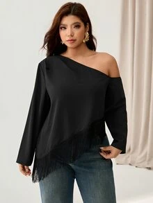 Auralis 大尺碼黑色不對稱領口露肩抓皺下擺流蘇拼接極簡風女款上衣 秋冬長袖上衣 鄉村音樂會穿搭 - 黑色 - 查看 7