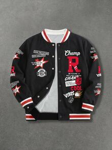 Teen Boy Autumn/Winter Allover Print Baseball Jacket 1 Piece Outerwear Black Base Red & White Striped Baseball Collar Jacket With Large R Letter Basketball Star Full Print Pattern And Contrast Color Ribbed Trim On Cuffs And Hem Forming A Perfect Echo, A Set Of American Vintage Cool Youth Sports Casual Jacket - Black - View 1