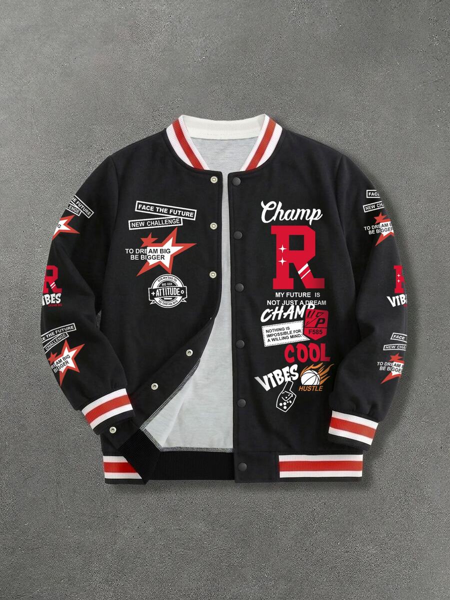 Teen Boy Autumn/Winter Allover Print Baseball Jacket 1 Piece Outerwear Black Base Red & White Striped Baseball Collar Jacket With Large R Letter Basketball Star Full Print Pattern And Contrast Color Ribbed Trim On Cuffs And Hem Forming A Perfect Echo, A Set Of American Vintage Cool Youth Sports Casual Jacket - Black - View 1