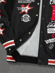 Teen Boy Autumn/Winter Allover Print Baseball Jacket 1 Piece Outerwear Black Base Red & White Striped Baseball Collar Jacket With Large R Letter Basketball Star Full Print Pattern And Contrast Color Ribbed Trim On Cuffs And Hem Forming A Perfect Echo, A Set Of American Vintage Cool Youth Sports Casual Jacket - Black - View 5