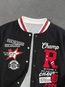 Teen Boy Autumn/Winter Allover Print Baseball Jacket 1 Piece Outerwear Black Base Red & White Striped Baseball Collar Jacket With Large R Letter Basketball Star Full Print Pattern And Contrast Color Ribbed Trim On Cuffs And Hem Forming A Perfect Echo, A Set Of American Vintage Cool Youth Sports Casual Jacket - Black - View 4